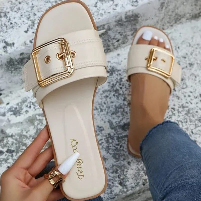 New Women Slides Personality Buckle Open Toe Wear-resistant Office White Flat Slippers Summer Sandy Beach Sandals Women Shoes