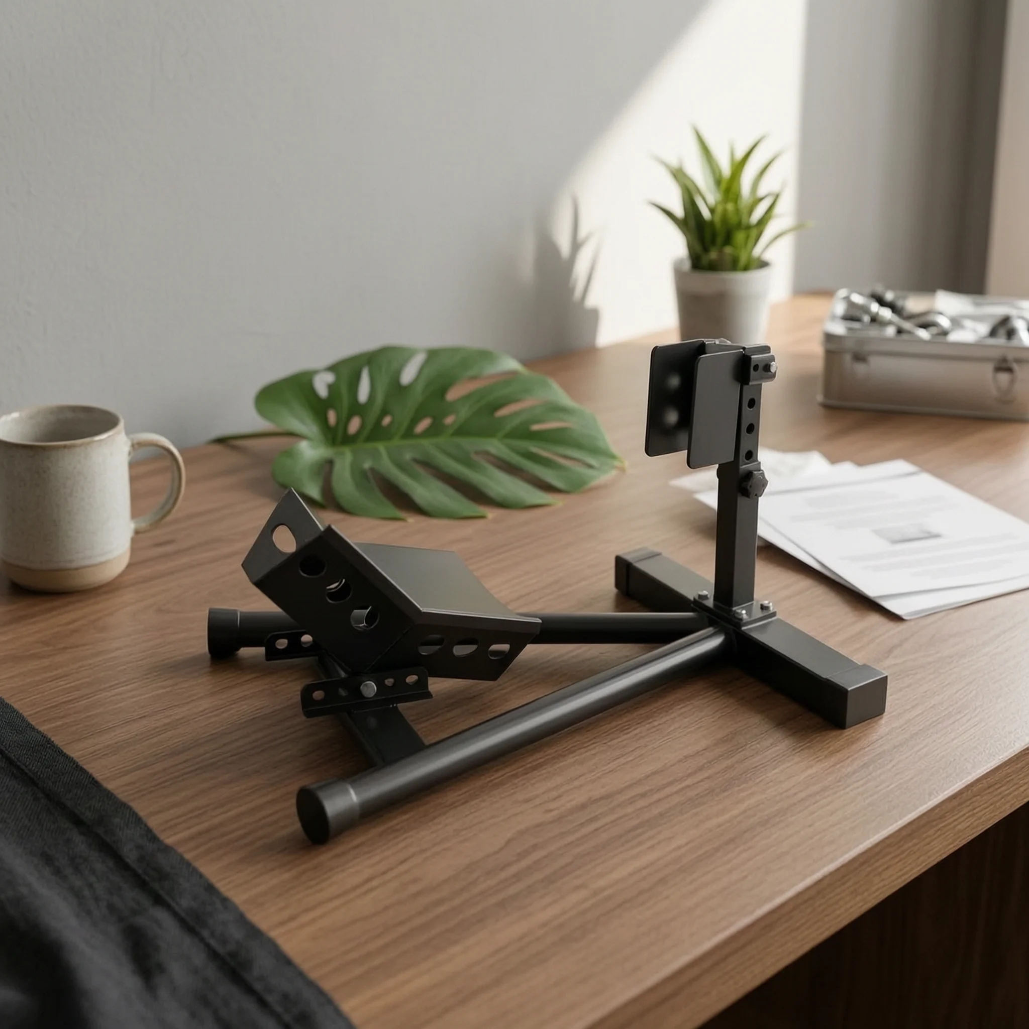 Upright Motorcycle Stand with Adjustable Cradle Low-profile Heavy Duty Front Wheel Chock for Home Workshop Bike Parking