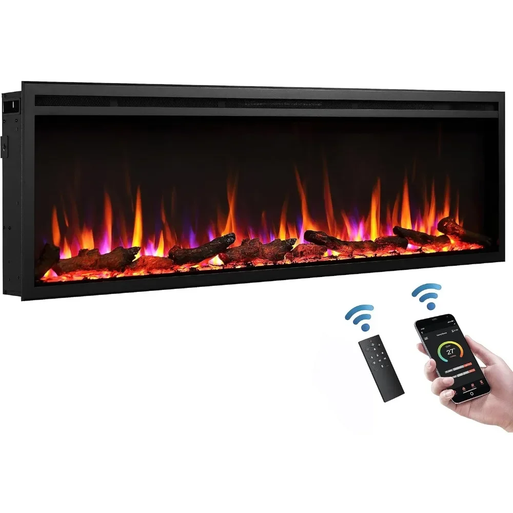 Electric Fireplace, 12 Adjustable Flame Color, Touch Screen Remote 60 inch Ultra-Thin Silence Linear Recessed Mounted Fireplace