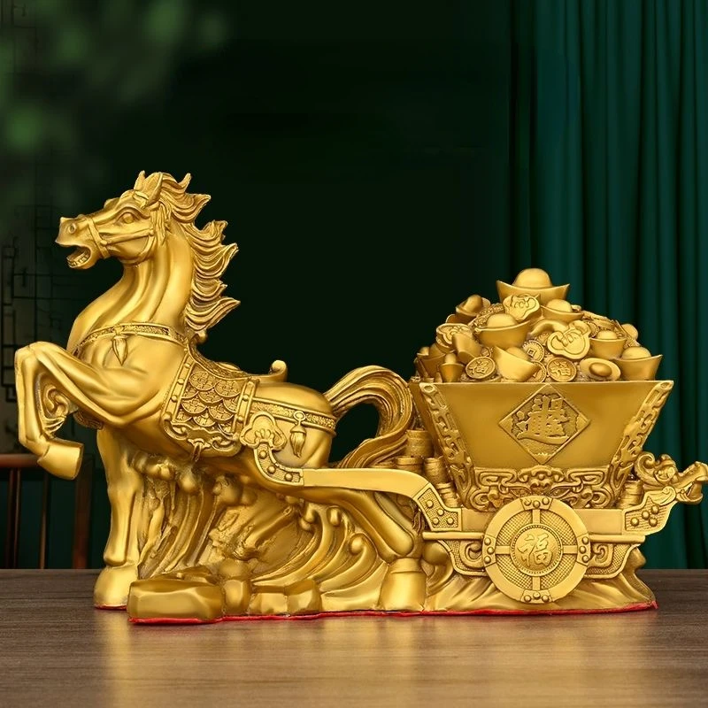 Chinese Style Brass Horse Pulling Gold Ornaments Get Rich Soon Decorations for Office and Home Decor