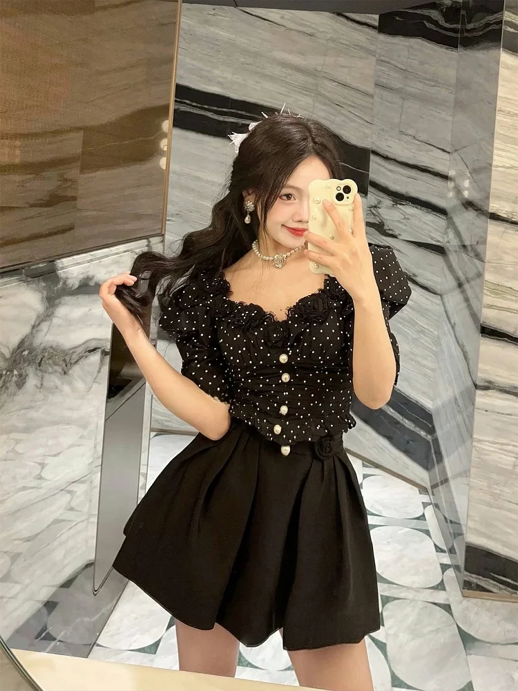 

Audrey Polka Dot Floral Pearl Blouse Waist Cinching Top with 3D Flower Pleated Skirt Set Women's Fashion Summer Outfit