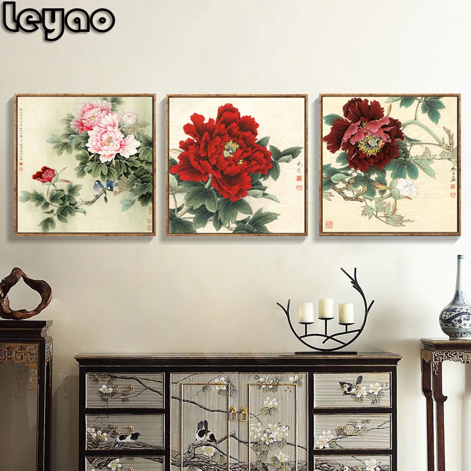 

5d diamond painting full of diamond Chinese Style 3pcs peony blossom rich bedroom cross stitch Kits new diamond embroidery