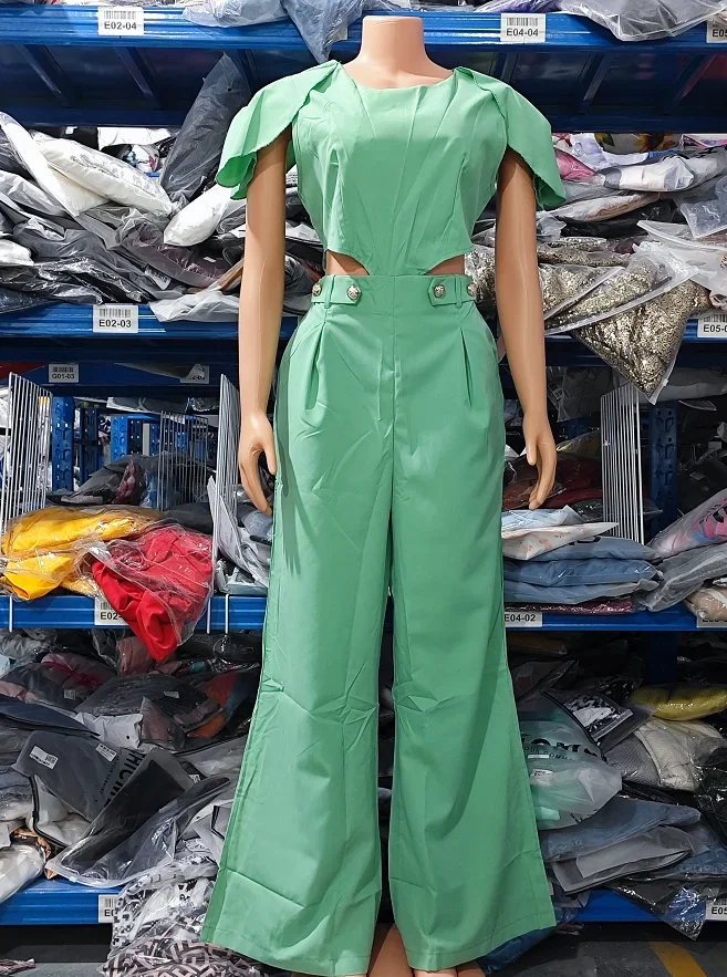 Jumpsuit Women 2023 Summer Fashion Waist Hollow Pocket Design Casual Solid Color Round Neck Short Sleeve Wide Leg Daily Jumpsuit