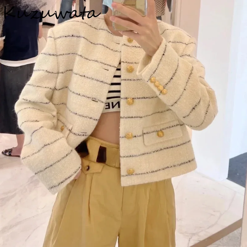 Kuzuwata Autumn New Women Jackets Small Fragrance Style Retro Coats Tweed Short Stripe Tops O Neck Long Sleeve Button Outerwear