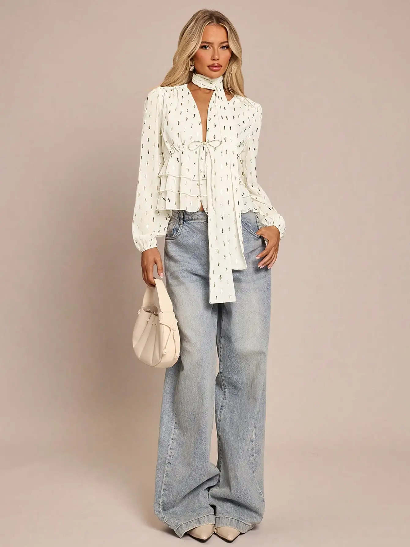 

Women's Cream Metallic Leaf Print Ruffle Hem Blouse with Detachable Tie Neck