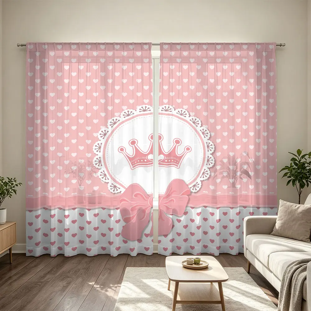90g rod-mounted curtains, packaged in two pieces, featuring a pink heart crown bow pattern, suitable for home decoration