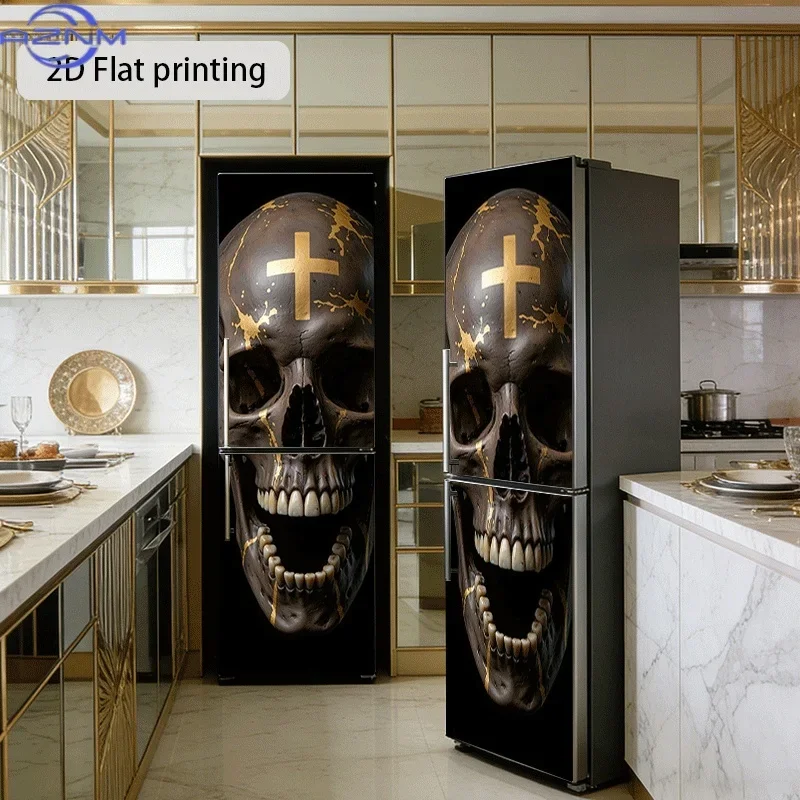 1pc of Refrigerator Sticker with a Golden Cross Skull Theme Design, Self-Adhesive Wall Decoration Wallpaper Suitable for Cabin