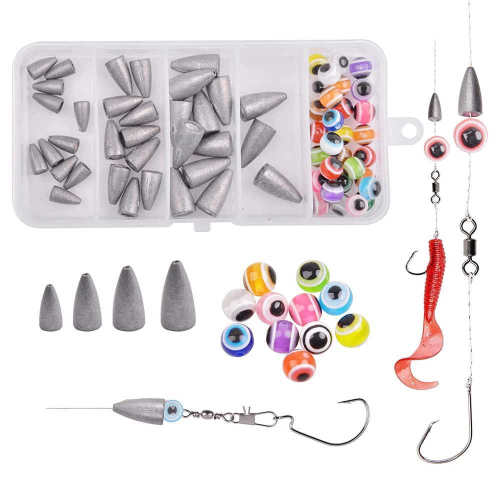 64PCS Worm Fishing Weights Sinker Kit with 3D fishing beads 1/16 1/8 1/4 3/8OZ Bullet Fishing sinkers Texas rig Accessories