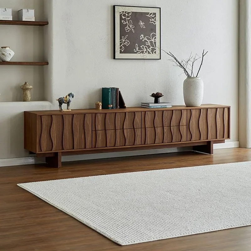 Retro Solid Wood TV Cabinet Floor to Ceiling Walnut Color Wabi Sabi Style Living Room Media Console with Integrated Storage