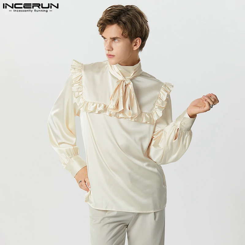 INCERUN Men Shirt Solid Satin Turtleneck Long Sleeve Ruffle Lace Up Casual Men Clothing Streetwear 2023 Fashion Unisex Shirts