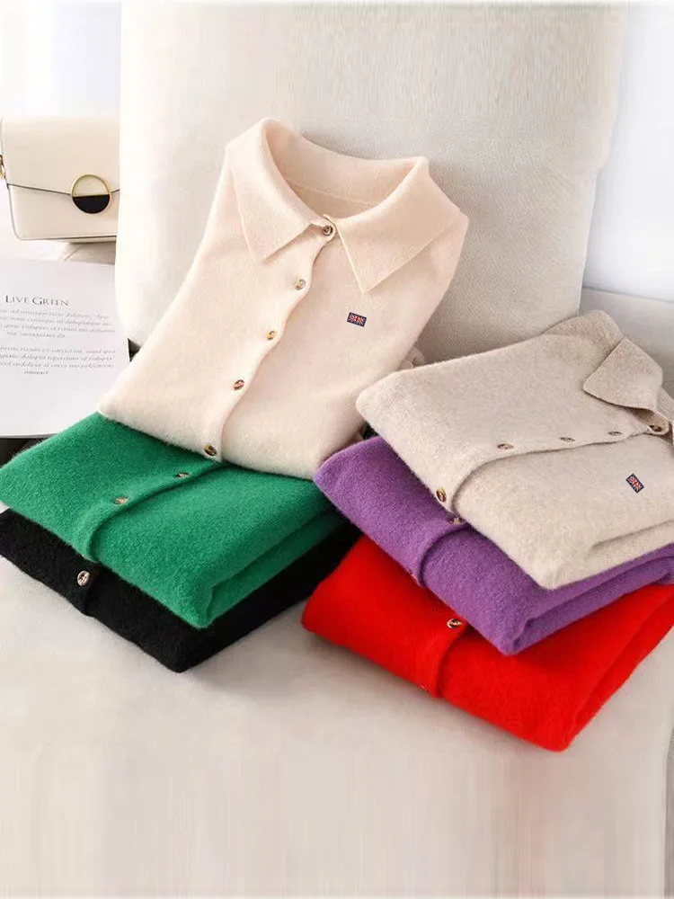 Cashmere Women Cardigan Polo Neck Sweater Spring Winter Female Long Sleeve Wool Knitted Solid Soft Coat Shirt Top knitwear