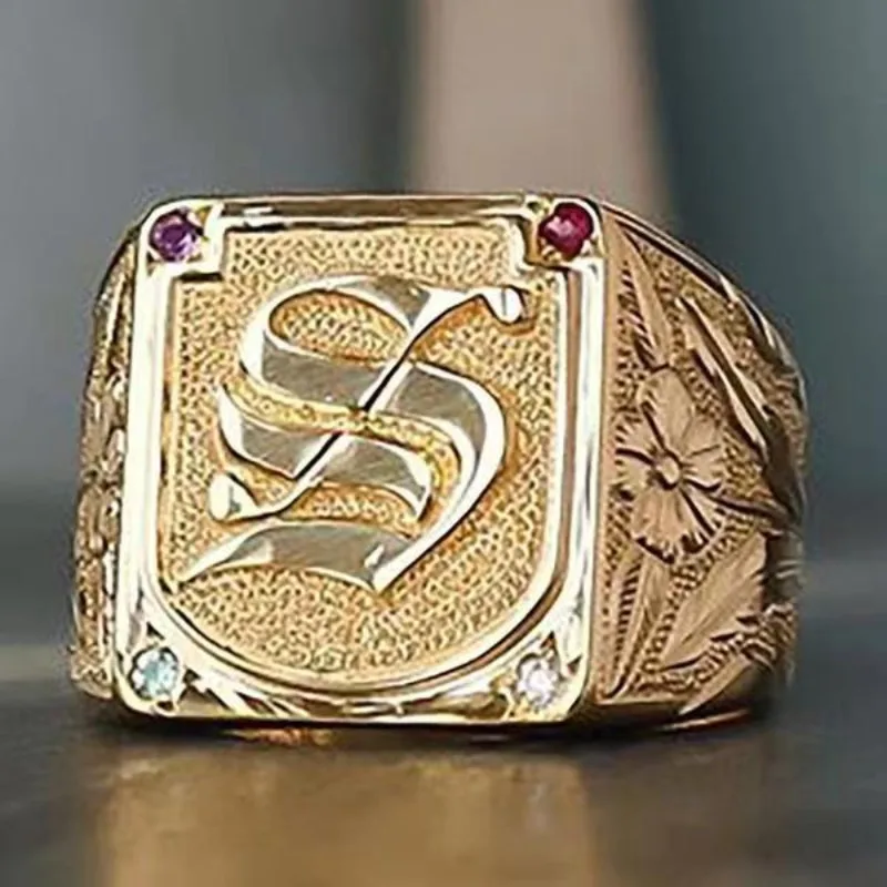 1 anillo geométrico elegante de lujo con letra S dominante y flor para mujeres y hombres, accesorios de joyería para fiesta de compromiso y boda