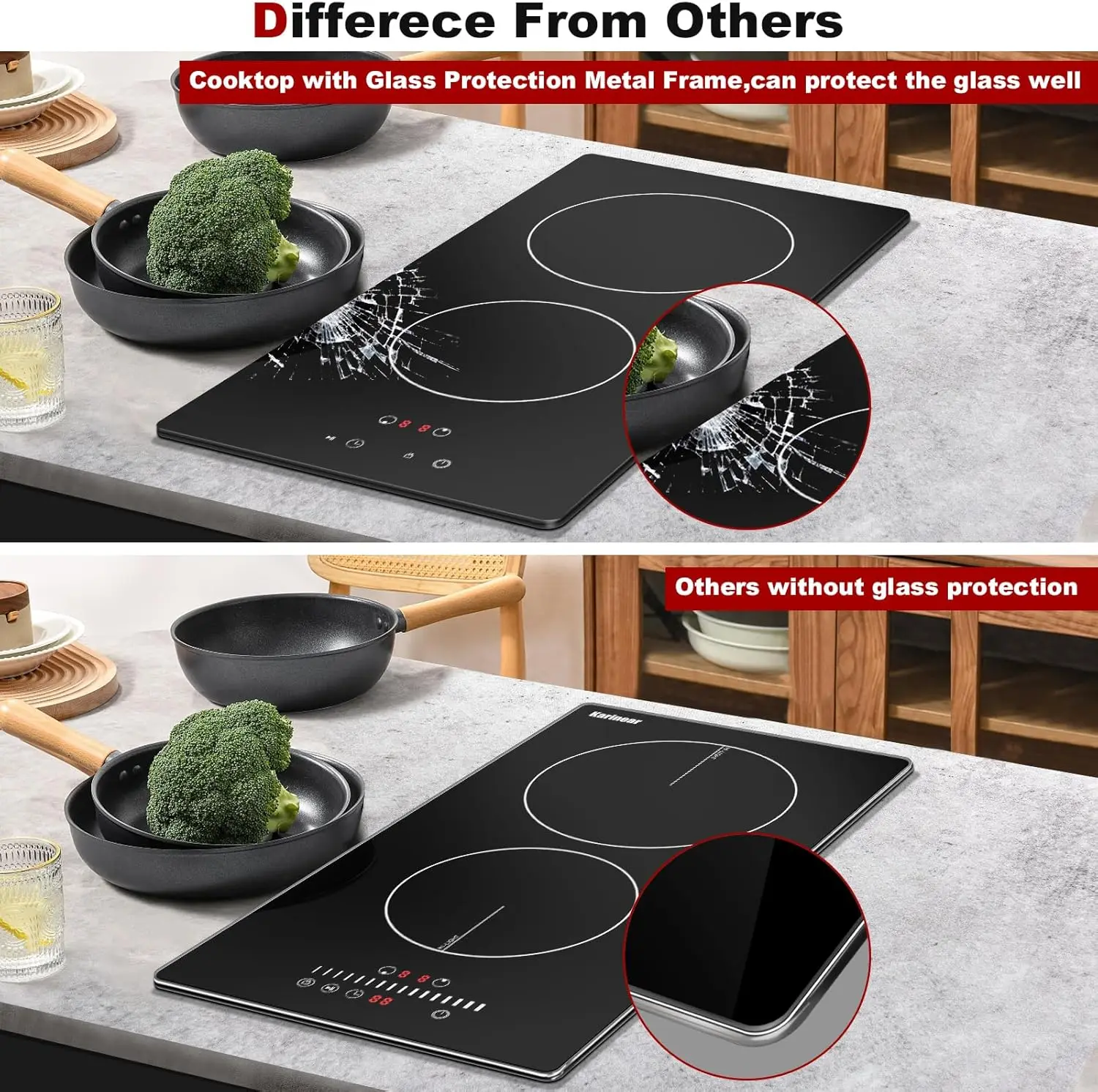 Karinear เตาไฟฟ้า12นิ้ว2หัว, ท็อปเคาน์เตอร์และในตัวโครงโลหะป้องกันการเลื่อนการควบคุมแบบแข็งแบบมีสายไม่มีปลั๊ก