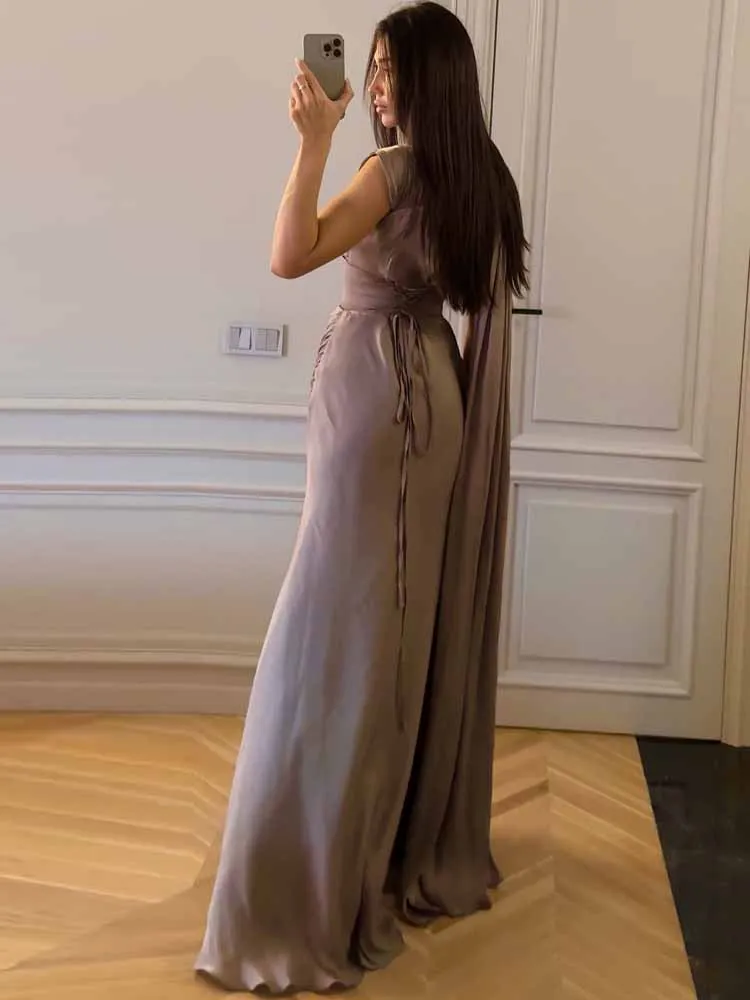 Femmes élégantes plissées irrégulière robe Maxi Chic Patchwork sans manches ruban Satin soirée robe de bal 2025 tempérament robe longue