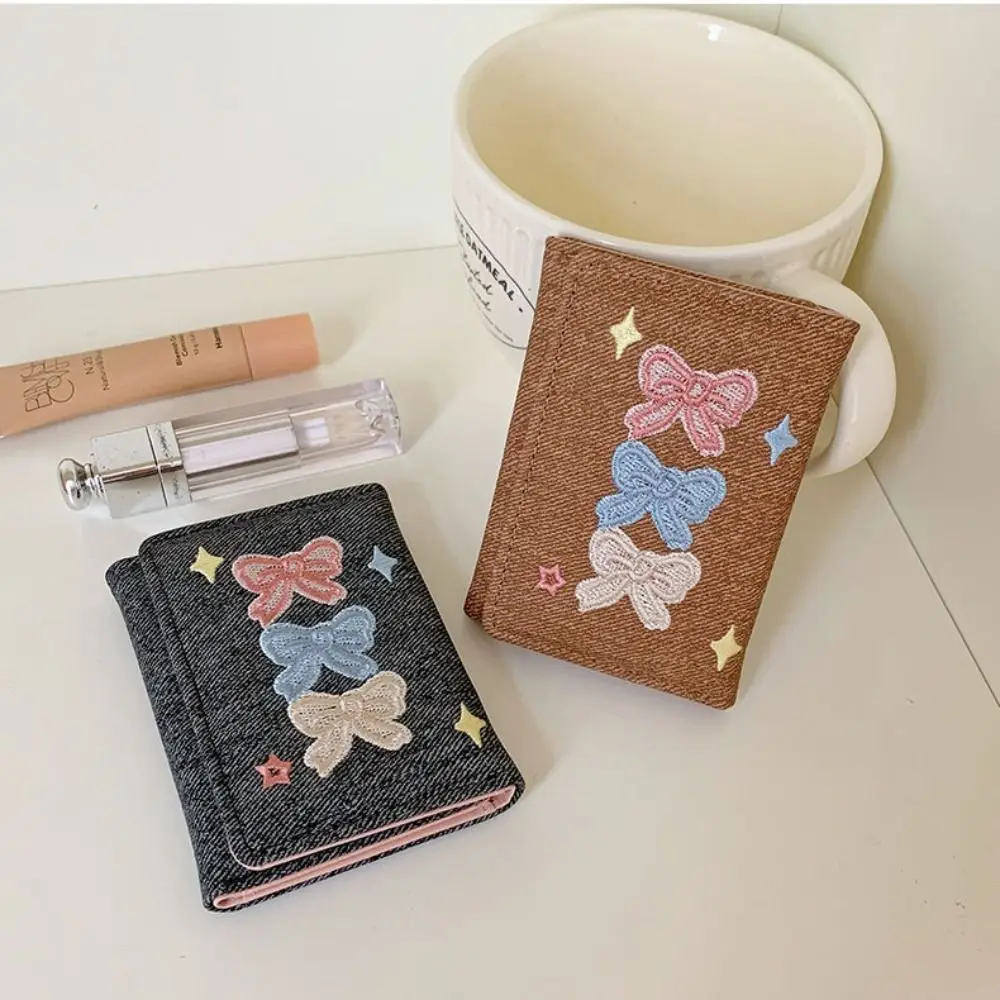 Card Pouch Portable Embroidered Bow Wallet PU Leather Embroidery Denim Coin Purse Cute Multiple Card Card Bag Dating
