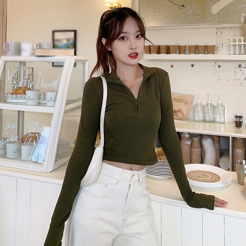 Slim Fit Half Zipper Long Sleeve Solid Color Casual Sexy Base Shirt Autumn Winter Outfits Women Crop Top designer .