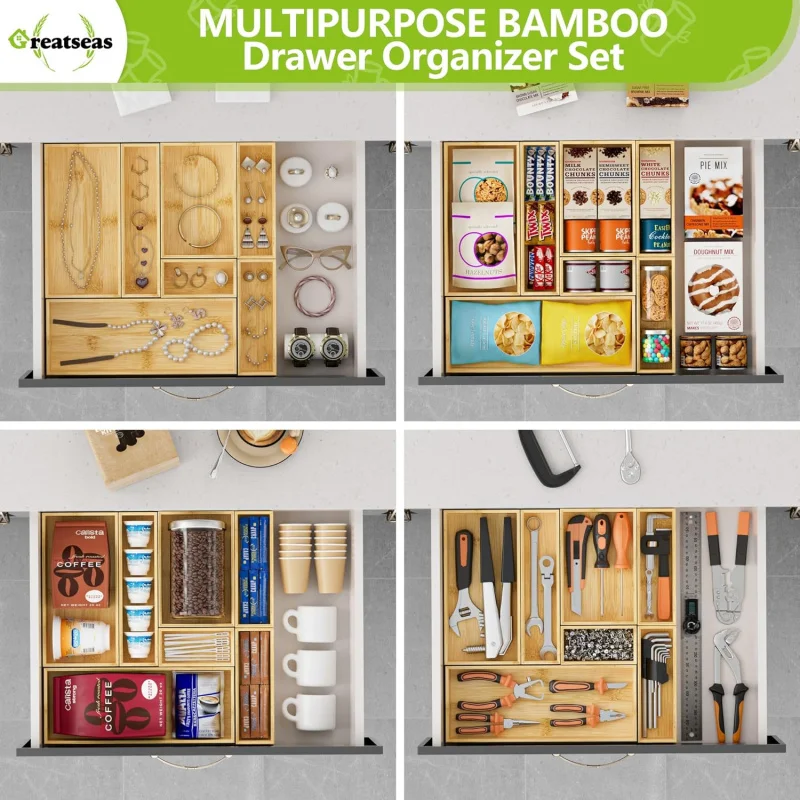 Bamboo3 PCS Utensil Drawer Organizer Tray, Kitchen Silverware Cutlery, and Storage, Bath