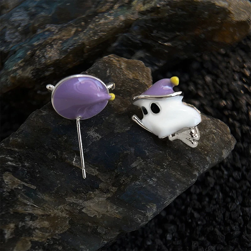 Huitan Halloween Ghost Witch Stud Earrings Enamel Broom Wizard Hat Earrings Daily Party Holiday Festive Jewelry for Women Gift