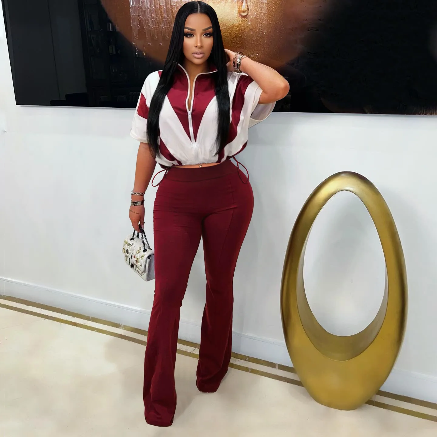 Set Celana Dua Potong Olahraga Warna Sambungan Blok Warna Pinggang Ritsleting Karet Kasual Fashion Wanita