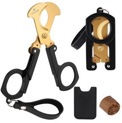 Cigar Cutter Stainless Steel Guillotine Double Cut Blade Cigar Scissors Cutter with Leather Case Key Ring Hand-Held Straight Cut