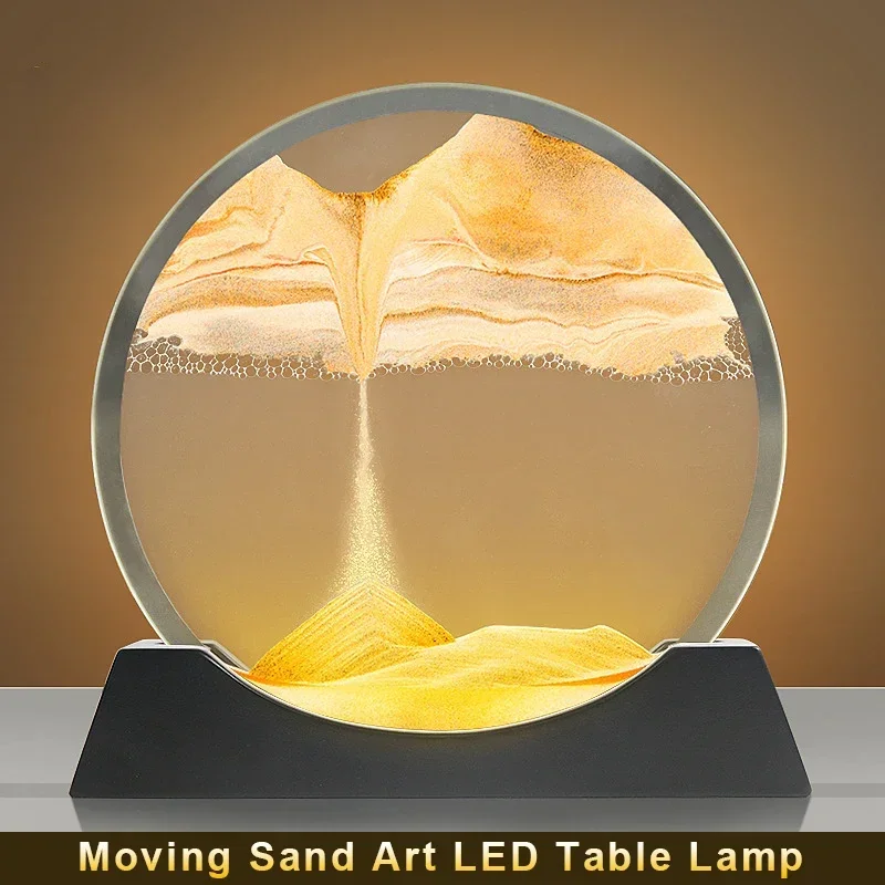 Moving Sand Art Table Lamp with 3 Color Quicksand Night Light LED Hourglass Bedside Lamps Flowing Sand Painting Home Decor Gift