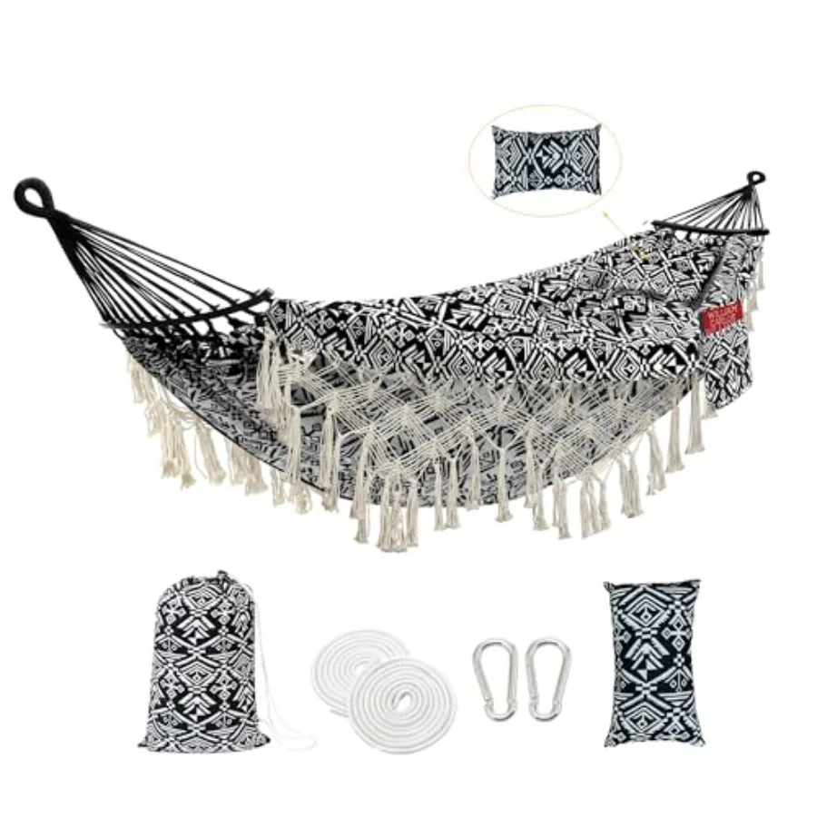 2 Person Hammock with Pillow Indoor Outdoor Hammock Portable Carry Bag Deluxe Macrame Fringe Curved Spreader Bar Side Pocket Po