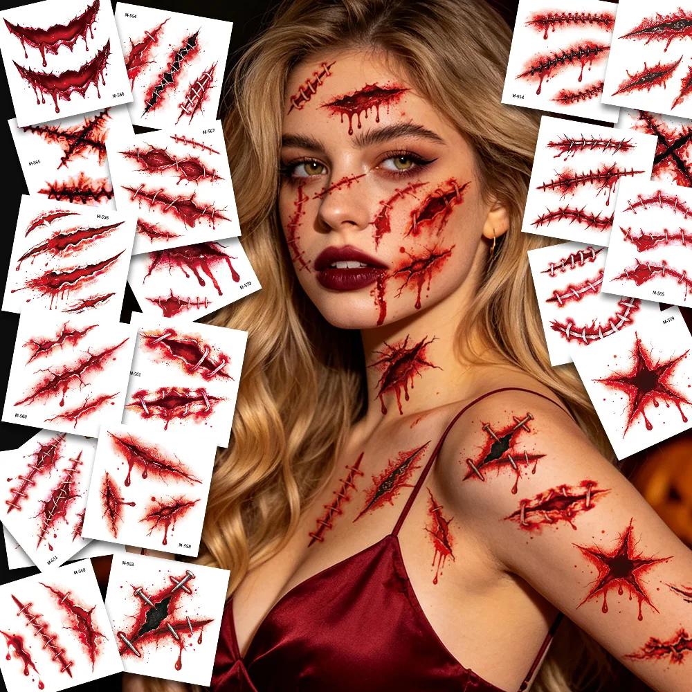 Halloween Realistic 3D Bloody Wound Scars Temporary Tattoos-24 Sheets,Halloween Party Favor Decor,Cosplay Masquerade Prank Props