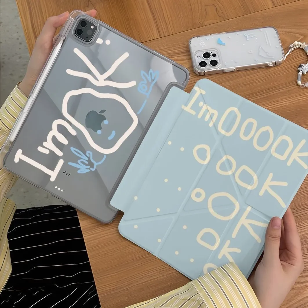 Simple Letters I`m OK For iPad Case iPad Air 4 5 6 Pro 11 12.9 13 M4 10.9 10.2 Mini 7 6 Smart Y Folded Edge Case with Pen Holder