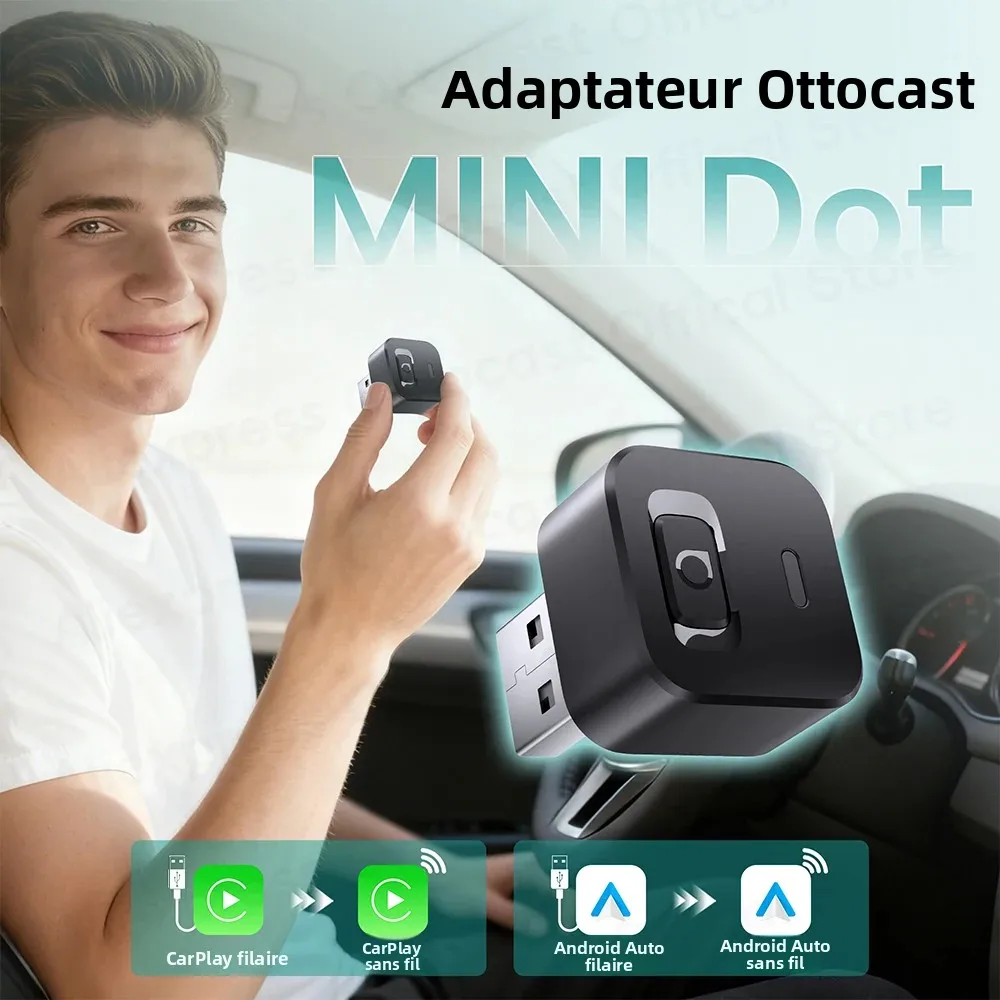OTTOCAST Mini Dot 2 en 1 filaire vers sans fil CarPlay Android Auto adaptateur accessoires de voiture AI Dongle pour téléphone iPhone Android