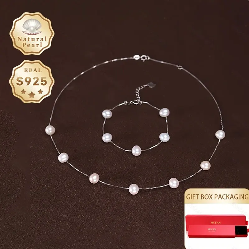 

Mufan Jewelry 2-Piece Set S925 Silver 7-8mm White Near-Circular Pearl Necklace And Bracelet Pearl Jewelry Set Star Design