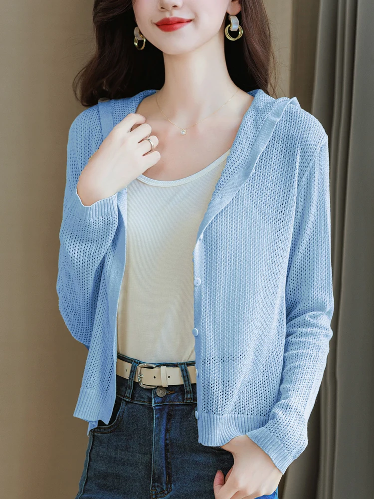 

Women's Ice Silk Knitted Cardigan 2024 New Summer Air Conditioner Sunscreen Coat ort Length Top Korean Sle Loose Fit