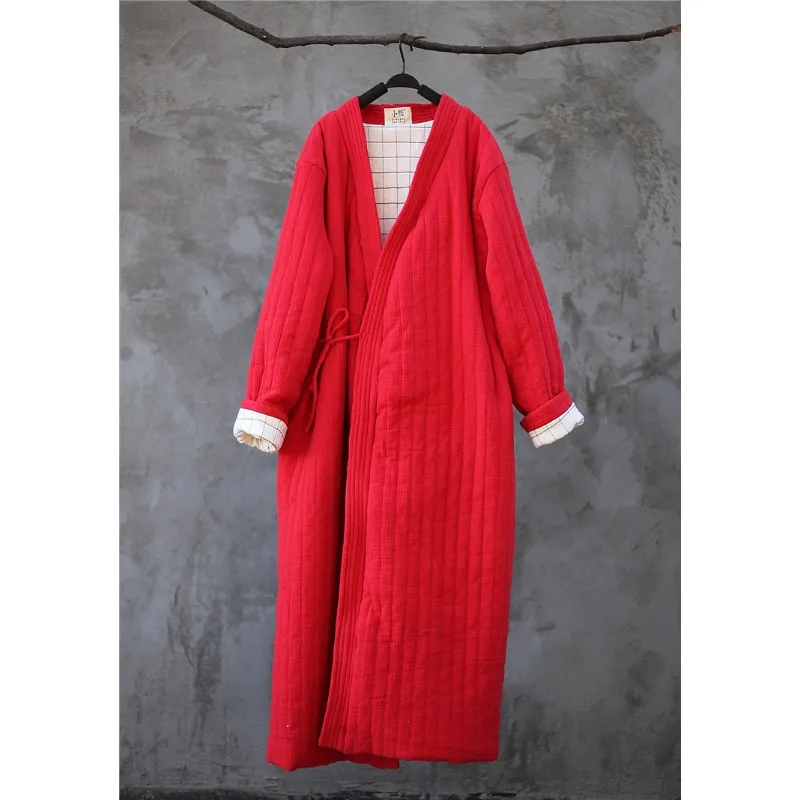 Winter Women Long Cotton Coat Vintage Parkas Loose Cardigan Robe Long Sleeve Lace-up Solid Warm Black Red Winter Clothes New