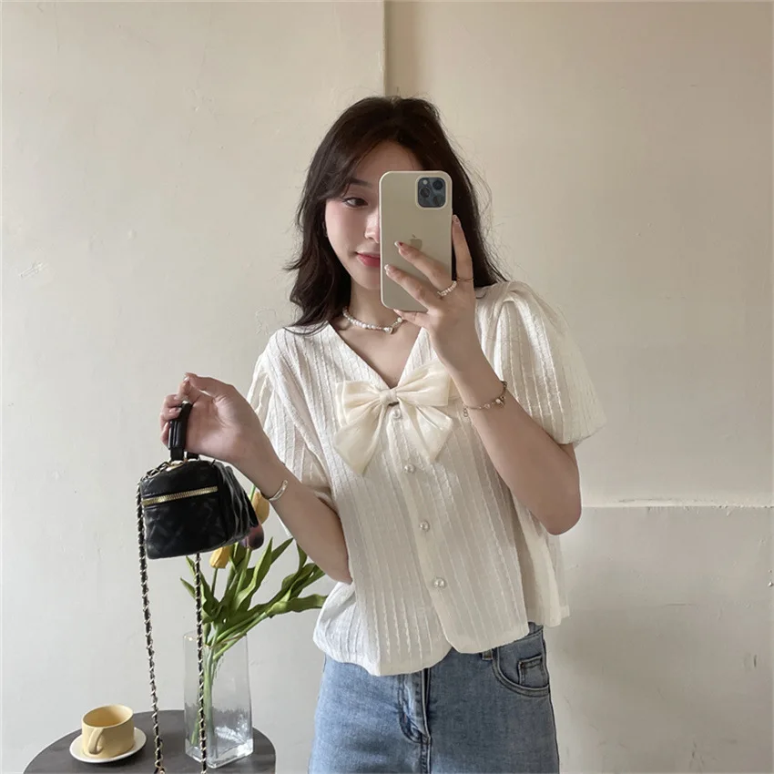 French Bubble Short Sleeve Knitted T-shirt for Women\'s Summer New Gentle Style Design Versatile Cardigan Short Top Instagram