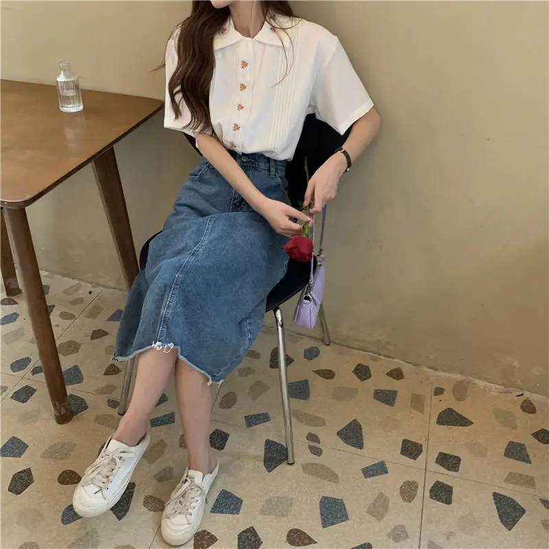 

White Shirts Women Short Sleeve Floral Embroidery Korean Style Retro Preppy Fashion Summer Students Sweet Ulzzang Chic Leisure