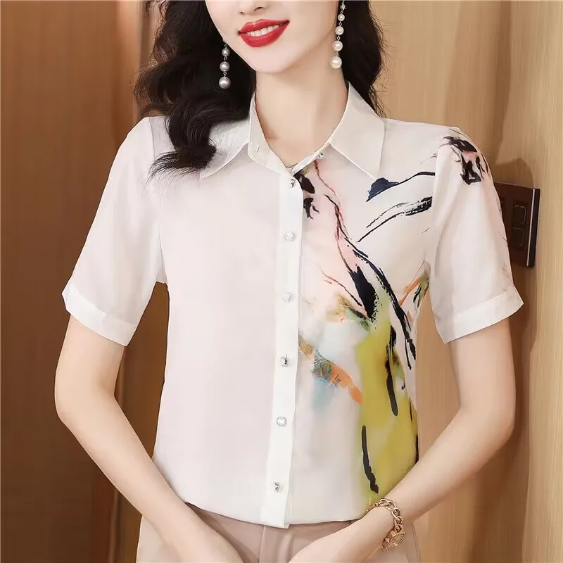 

Ink Painting Print Patchwork Design Sense Polo Collar Summer Short Sleeve Loose