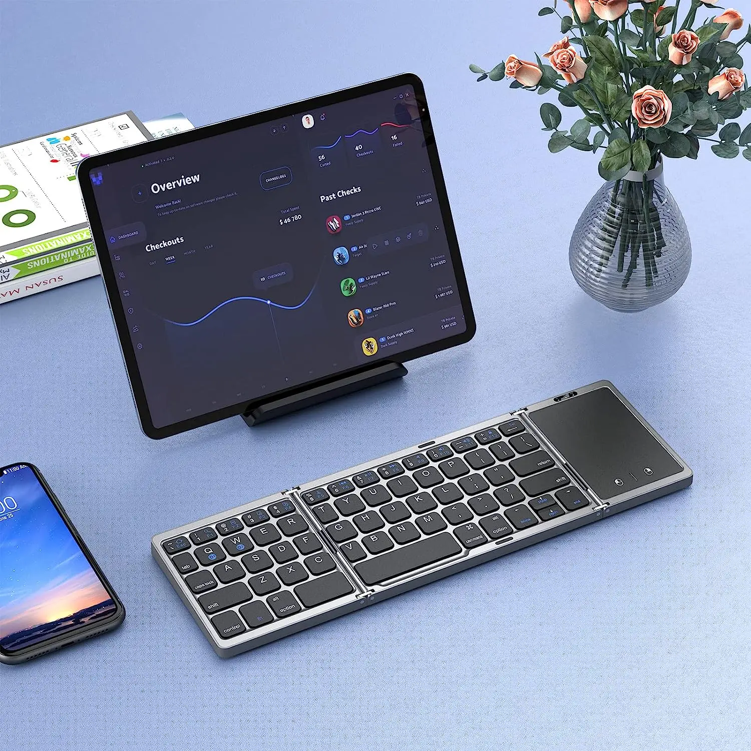 Portable Tri‑Fold Bluetooth Keyboard with Touchpad Compatible with OneXPlayer ONEXFLY F1 / F1 Pro, Portable Wireless Keypad