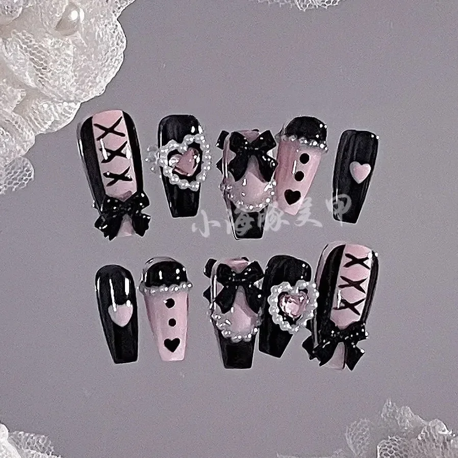 

Sweet Cool Style Babes Lace Bow Nail Patch Handmade Fake Nails Stickers Wearing Nail Piece Finished Product Detachable