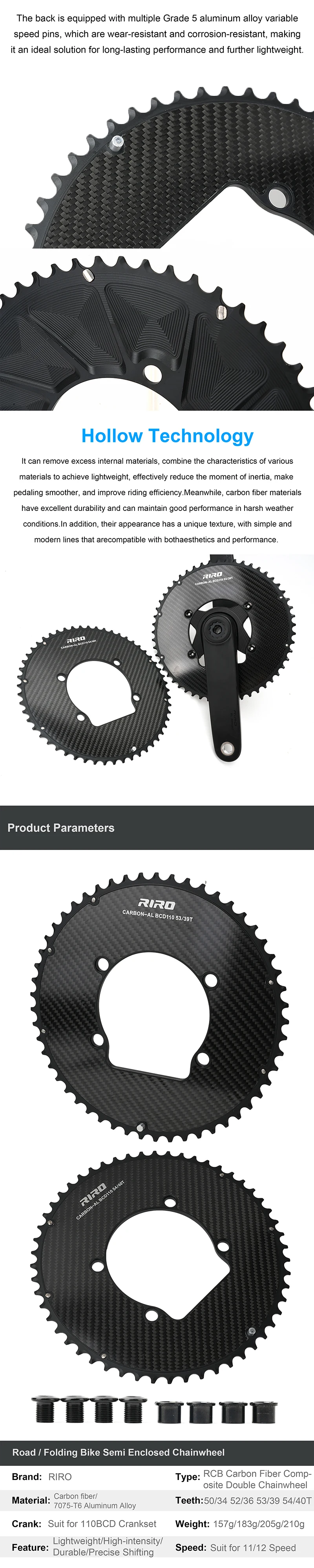RIRO Carbon 110BCD Kettenblatt für R7000 R8000 R9100 Carbon-Rennrad-Kettenblatt 50-34T 52-36T 53-39T 54-40T Doppelkranz – Detail 8