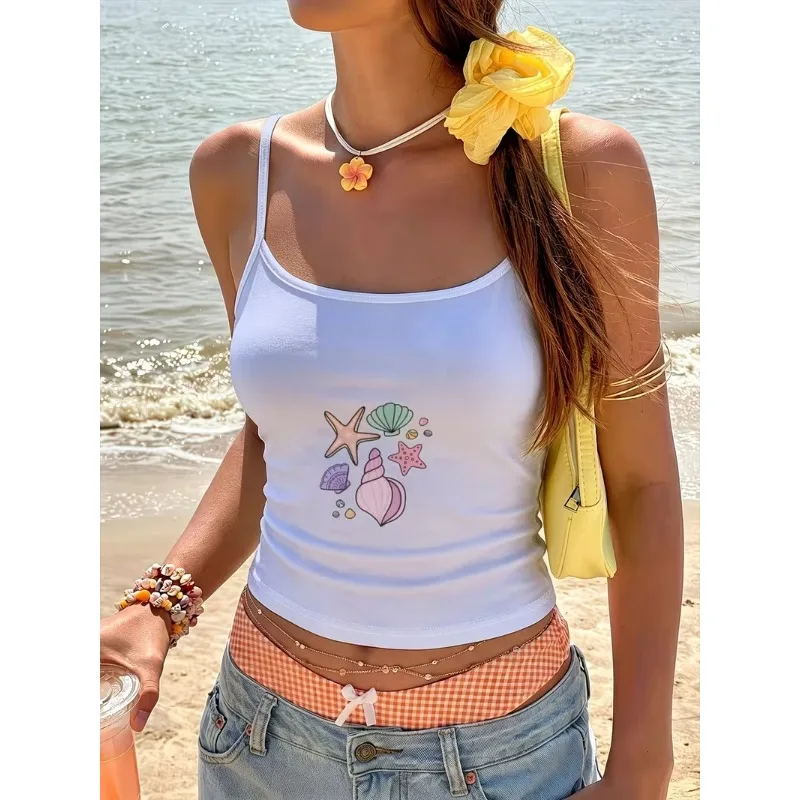 Pastel Dolphin Wave Print Women Spaghetti Top White Sleeveless Tank Top Cute Y2K Summer Tee for Beach Vacation Daily