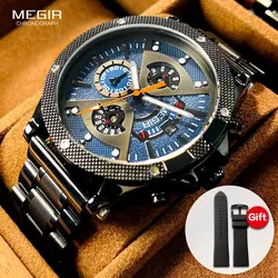 MEGIR Fashion Analog Quartz Watch Men Black Stainless Steel Wristwatch with Chronograph Date Luminous Hands Free Spare Band 2216