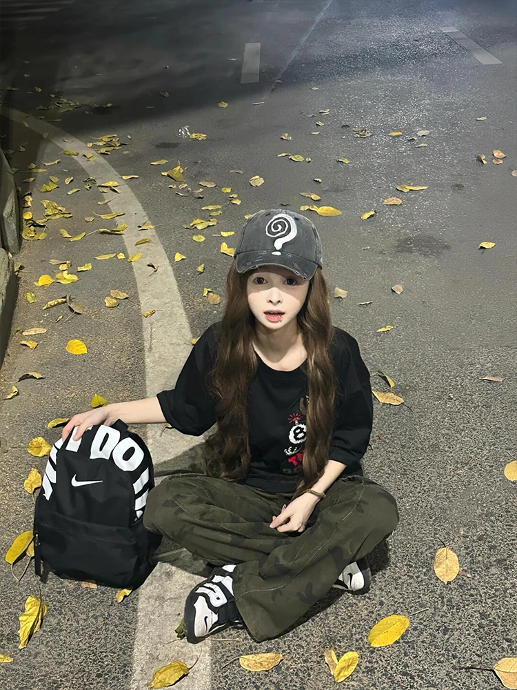 Cseta de Manga Curta Estilo Americano para Mulheres, Nova, Solta, Versátil, Sensação de Alta Qualidade, Top de Manga Curta...