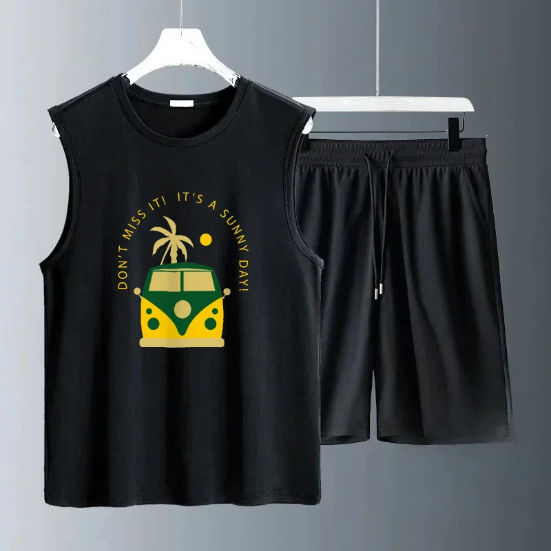 

2025 Men's Casual Sleeveless Summer Pineapple car print Set Fashion Sports T-shirts+shorts suit Breathable Comfortable gym sets