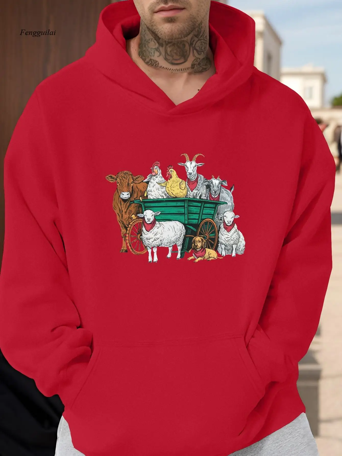 Moletom com capuz com estampa de animais de fazenda – Moletom cinza aconchegante de manga comprida com design de galo, porco, ovelha e cachorro, corte solto casual