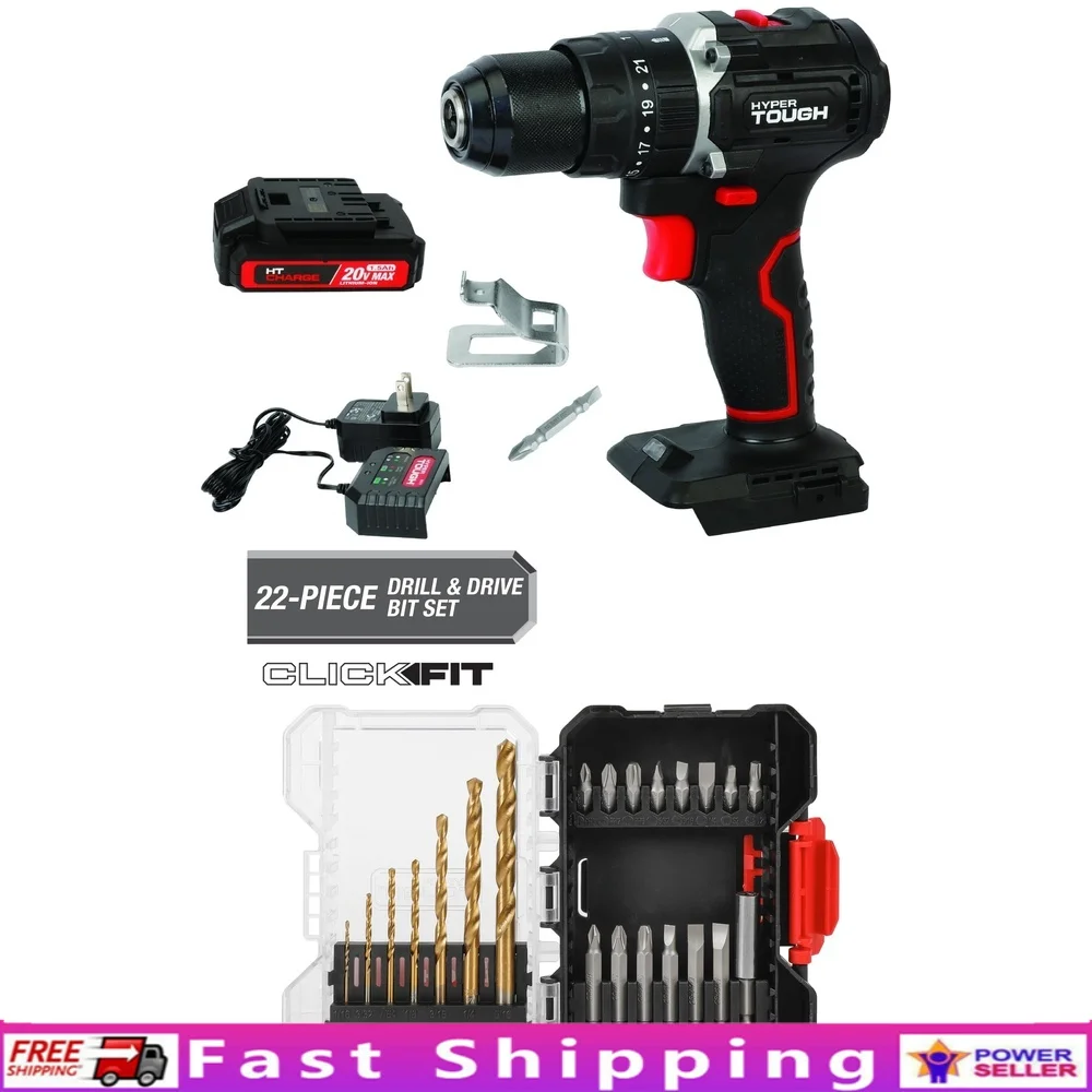

20V Max Brushless Cordless Hammer Drill with 22-Piece Drill Drive Set Keyless Chuck LED Work Light Click Fit Case