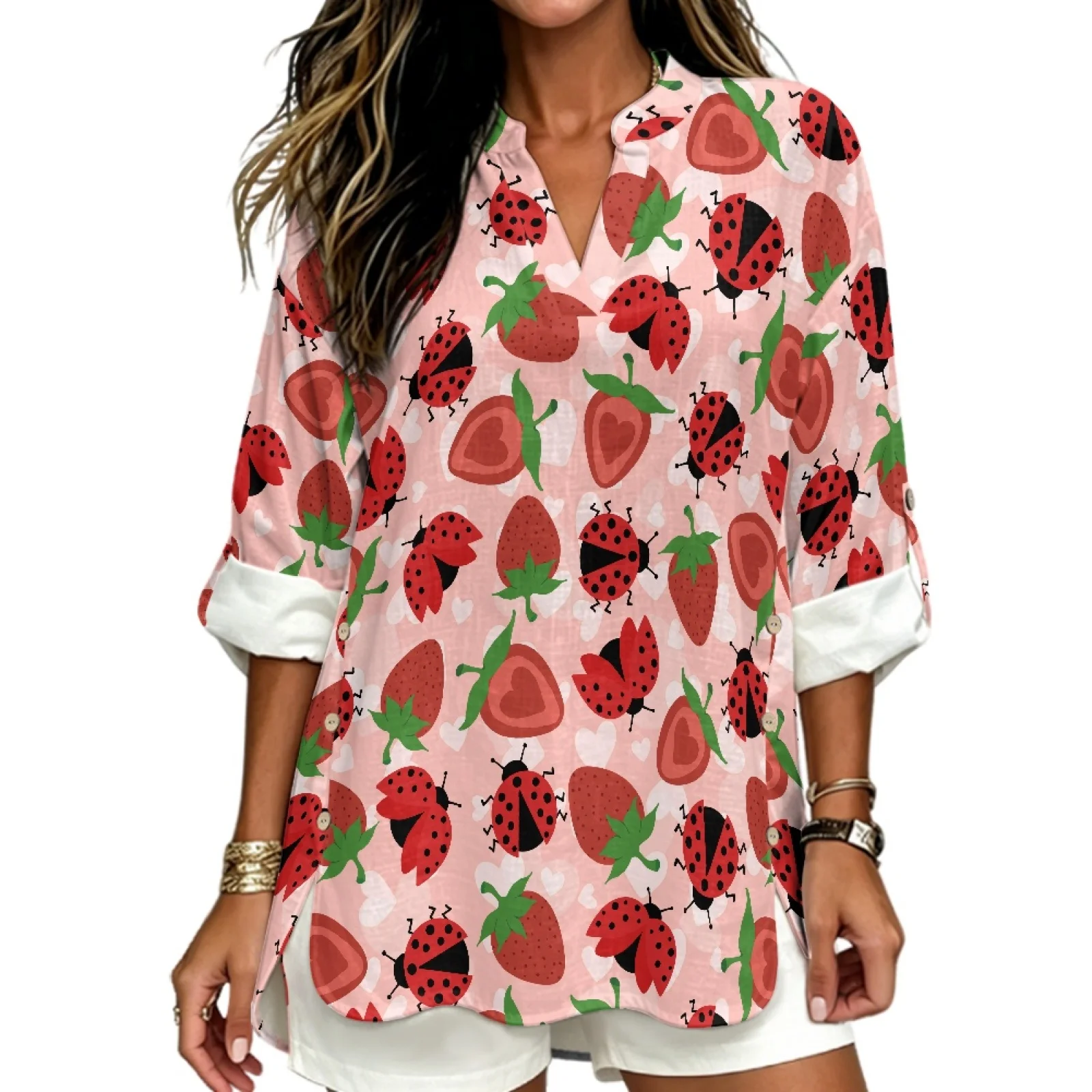 PENSTROLL Curved Hem Linen Like Women's Long Sleeve Blouses Flowy Long Sleeve Womens Tops for Everyday Wear Ladybug Strawberry
