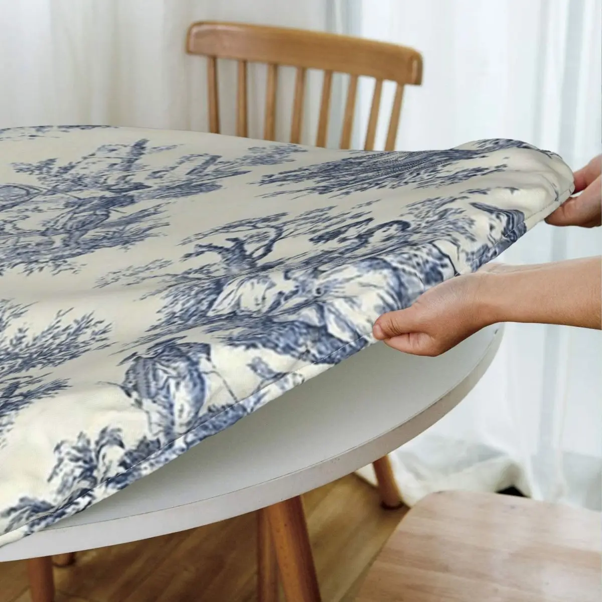 Powder Blue French Toile Picnic Design Waterproof Round Tablecloth Oilproof Table Cloth for Kitchen Events Dining Table Cover