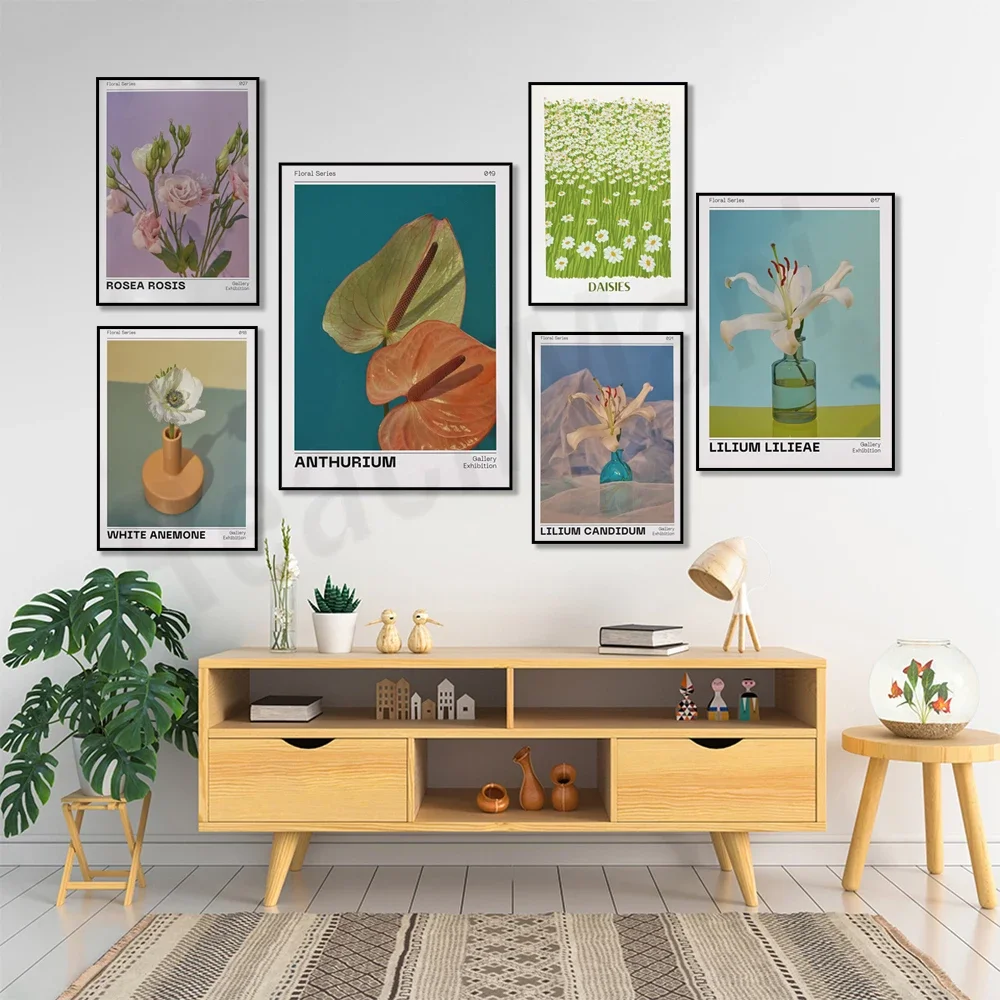 Delicate floral poster with daisies, white anemone, pink rose flower meadow, lily, anthurium print, spring art wall decoration image 2