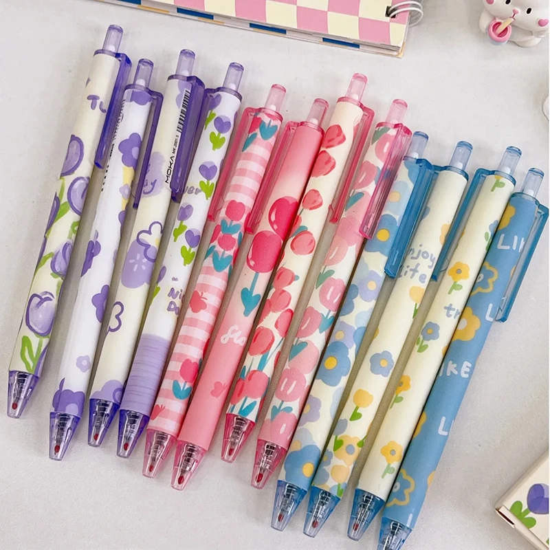 Black 0.5mm Flower Series Press Neutral Pen Cartoon Pattern Gel Pen Student Writing Pen Creative Signature Pen Lovely Stationery