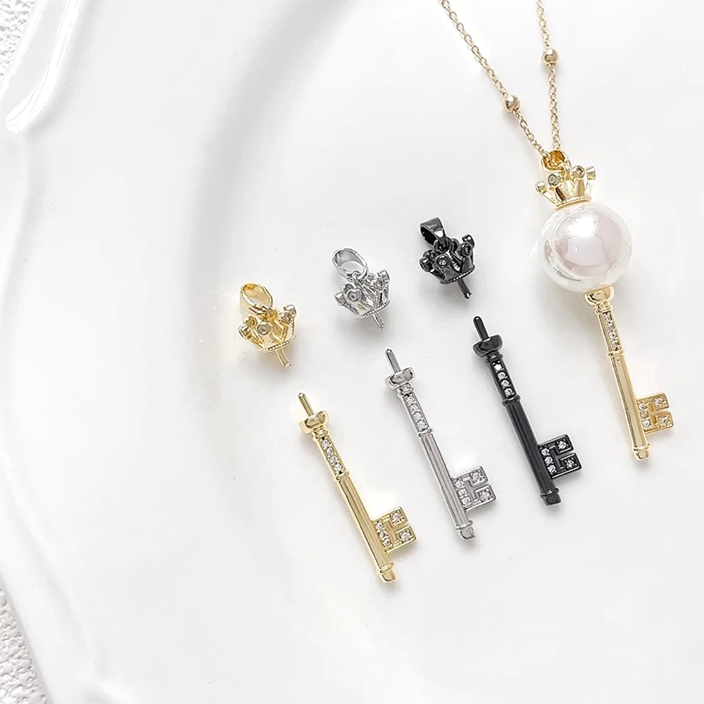 3 Pieces Copper Plated with Genuine Gold Zircon Inlay Vintage Crown Keychain DIY Jewelry Making Necklace Bracelet Accessory