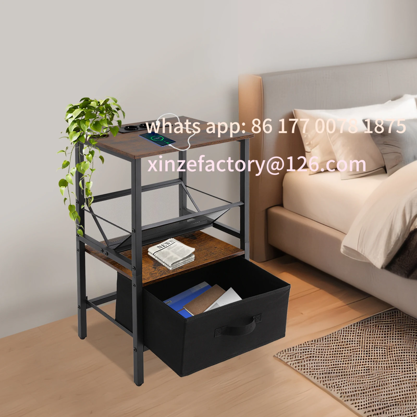 Customizable Bedside Table with Charging Station Small End Table Modern Nightstand with USB Ports and Socket